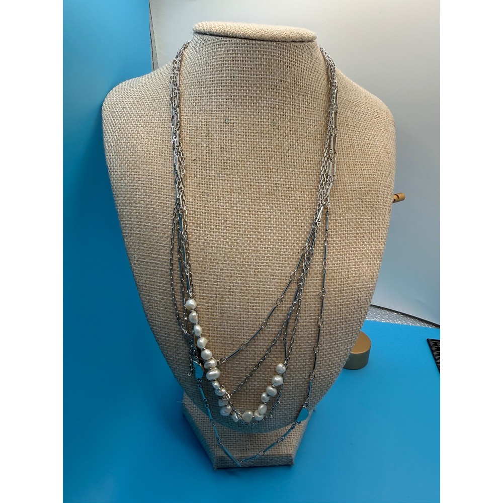 Silver Tone Multi Strand Layered Necklace with Freshwater Pearls and Charms
